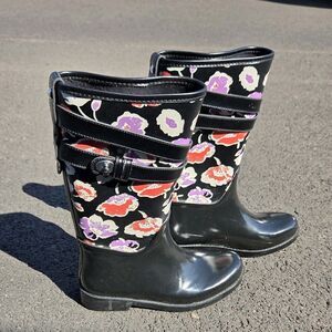 Coach Trisha II Black Floral Rubber Rain Boots Round Toe Women's Size 6
